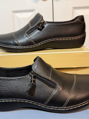 Black Leather Slip-On Shoes with Side Zipper 10 W